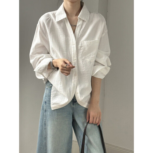 Jingdong direct purchase 26 spring and summer linen V-neck white shirt women's French top casual long-sleeved inner shirt white 2XL