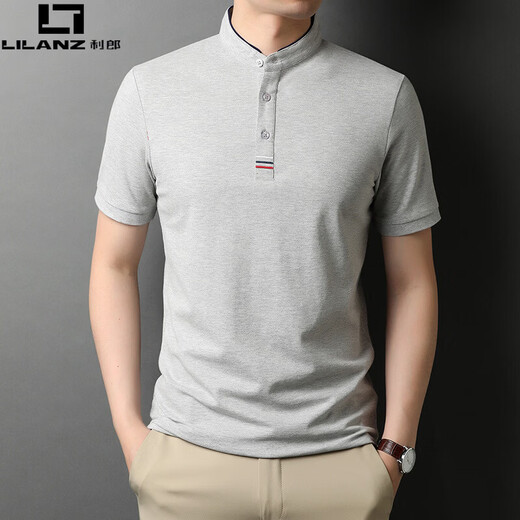 LILANZ business short-sleeved polo shirt men's pure cotton summer new stand-up collar half-sleeved T-shirt casual solid color men's gray XL 52