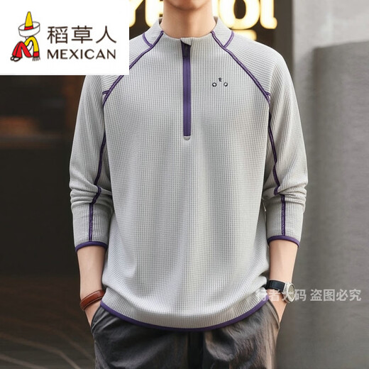 Scarecrow stretch sports large size waffle half-zip quick-drying T-shirt men's long-sleeved stand collar outdoor riding breathable sweat-absorbent sweatshirt black XD2533 quick-drying waffle 5XL 180-200Jin Jin equals 0.5 kg