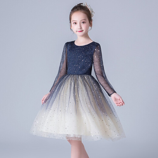 New children's skirt, starry sky skirt, evening dress, princess skirt, girl's stylish fluffy gauze flower girl host costume, piano performance dress, spring and autumn long-sleeved girl's birthday party warm long-sleeved skirt 140