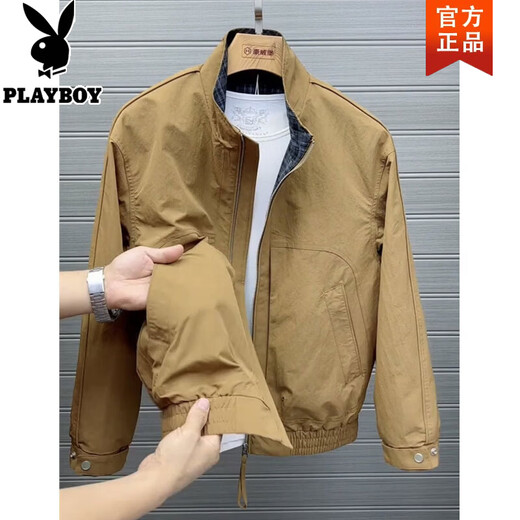 Playboy (PLAYBOY) 2026 Spring New Plaid Splicing Stand Collar Jacket Men's Loose Short Jacket Trendy Men's Top Versatile Yellow M Recommended 90-115 Jin Jin equals 0.5 kg