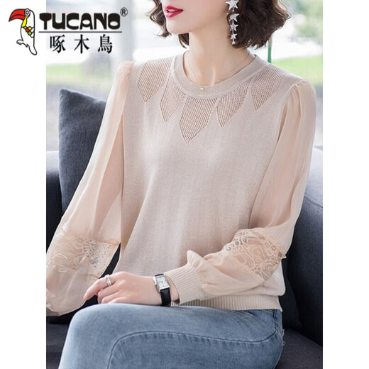 Woodpecker lace sweater for women 2026 spring and summer thin sweater, fashionable and age-reducing outer wear, loose belly-covering mesh long-sleeved bottoming, apricot M 85-95Jin Jin equals 0.5 kg