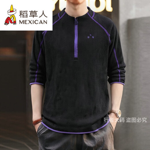 Scarecrow stretch sports large size waffle half-zip quick-drying T-shirt men's long-sleeved stand collar outdoor riding breathable sweat-absorbent sweatshirt black XD2533 quick-drying waffle 5XL 180-200Jin Jin equals 0.5 kg