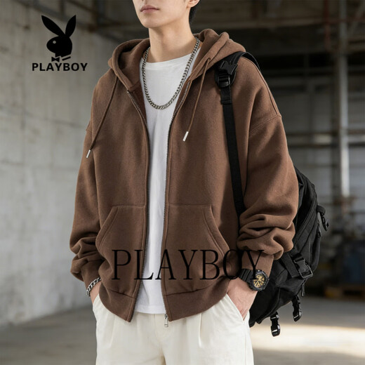 Playboy Cardigan Sweater Men's Hooded Zipper Jacket Men's 2026 Spring and Autumn Trendy Brand Casual Versatile Sports Tops Apricot S 85-105