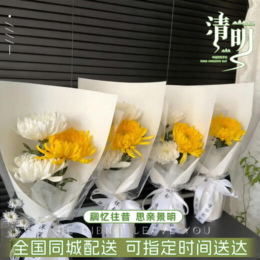 Fresh flower gift for Tomb Sweeping Day, single yellow and white chrysanthemum, real flowers express delivery within the city and nationwide, tomb-sweeping and paying homage to ancestors, offering flowers, single chrysanthemum, simple packaging, minimum delivery of 30 pieces