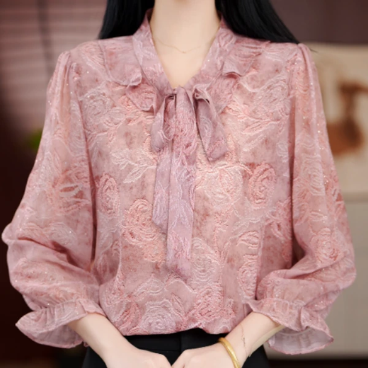 Spring and summer hot style 2026 new V-neck high-end small shirts, temperament pullover shirts, fashionable tops for women, bean paste powder (sprinkled silver) 2XL (recommended 120-129 Jin Jin equals 0.5 kg)