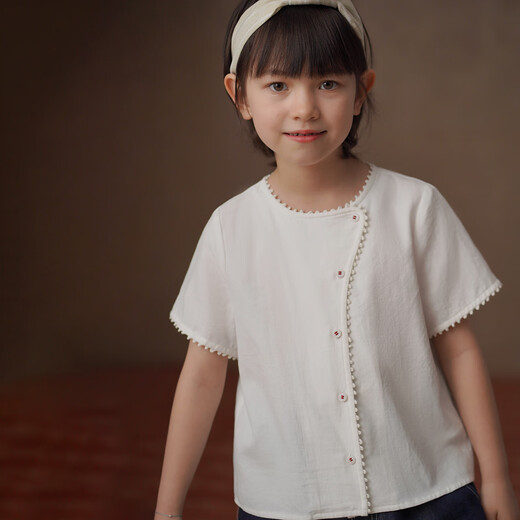Hacikis children's clothing girls summer clothing 2026 new white lace cotton tops children's short-sleeved shirts simple design