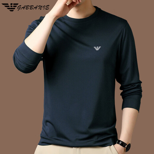 EA7 Armani solid color mulberry silk long-sleeved T-shirt men's round neck spring and autumn high-end bottoming shirt trendy dark blue M 165 recommended 95-120 Jin Jin equals 0.5 kg