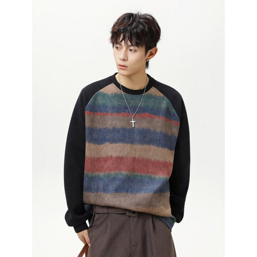 Pure (YISHion) American retro striped round neck bottoming sweatshirt for men spring new city trendy brand retro color matching gradient couple tops men black M