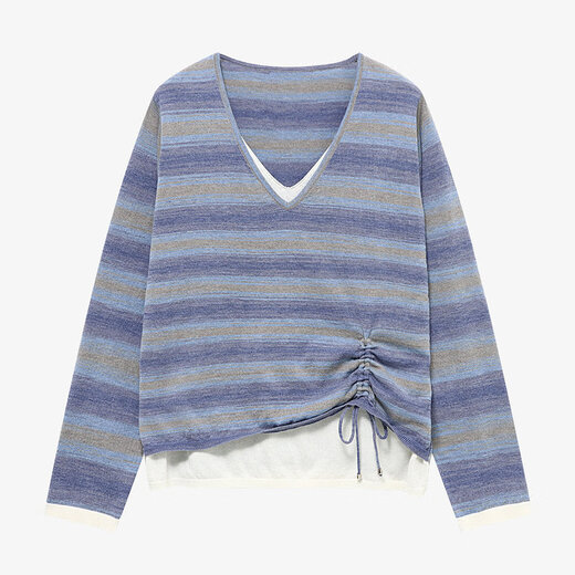 Basic House Basic House French Gradient Striped Sweater Women's Fake Two Piece Smocked Design Loose Slim Long Sleeve Top Spring Ocean Blue S