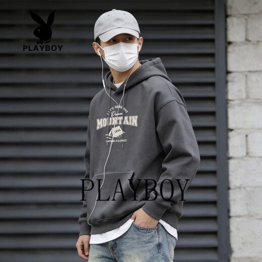 Playboy American Retro Hooded Sweatshirt Men's 2026 Spring and Autumn New Casual Versatile Loose Couple Top Jacket Dark Gray S 95-120Jin Jin equals 0.5 kg