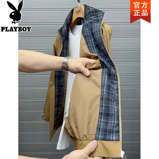 Playboy (PLAYBOY) 2026 Spring New Plaid Splicing Stand Collar Jacket Men's Loose Short Jacket Trendy Men's Top Versatile Yellow M Recommended 90-115 Jin Jin equals 0.5 kg