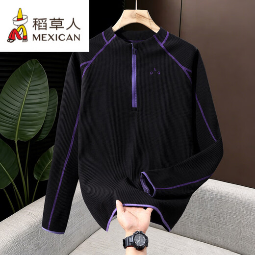 Scarecrow stretch sports large size waffle half-zip quick-drying T-shirt men's long-sleeved stand collar outdoor riding breathable sweat-absorbent sweatshirt black XD2533 quick-drying waffle 5XL 180-200Jin Jin equals 0.5 kg