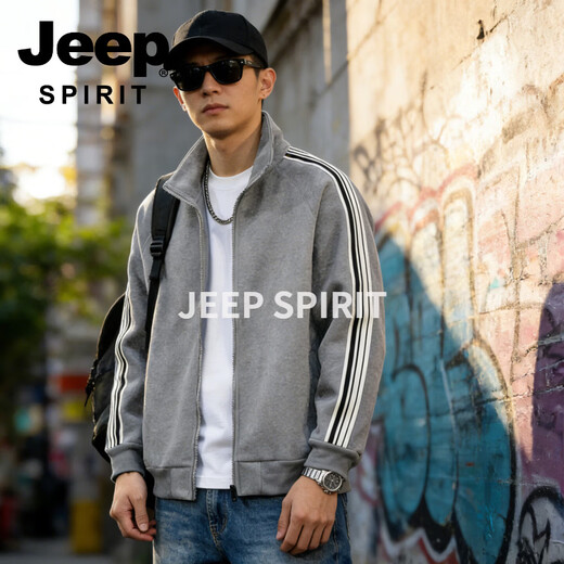 JEEP SPIRIT Jeep Cardigan Sweater Men's 2026 Spring New Loose Casual Sports Jacket Men's Stand Collar Zipper Top Men Black M 80-100 Jin Jin is equal to 0.5 kg