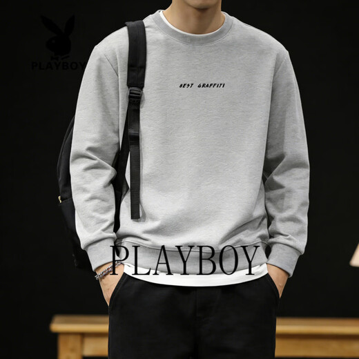 Playboy Round Neck Sweatshirt Men's 2026 Spring and Autumn Loose Casual Bottoming Shirt Men's Long Sleeve T-Shirt Tops Men's Gray S 95-120Jin Jin is equal to 0.5 kg