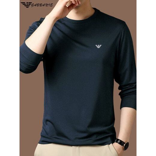 EA7 Armani solid color mulberry silk long-sleeved T-shirt men's round neck spring and autumn high-end bottoming shirt trendy dark blue M 165 recommended 95-120 Jin Jin equals 0.5 kg