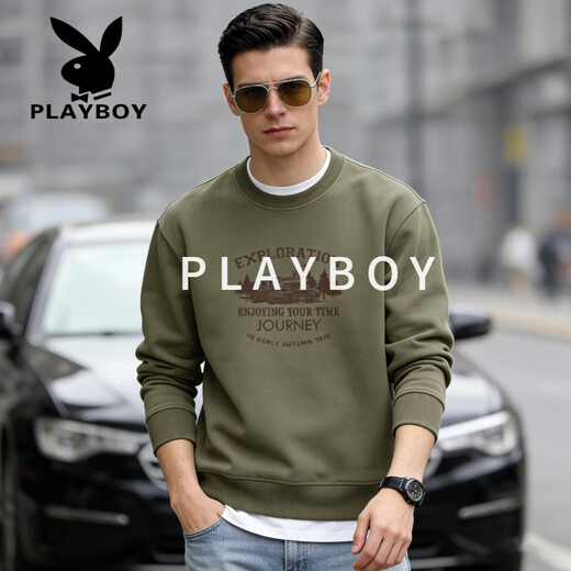 Playboy (PLAYBOY) round neck sweatshirt men's 2026 spring new loose large size bottoming shirt men's long-sleeved T-shirt men's white S recommended 95-120Jin Jin equals 0.5 kg