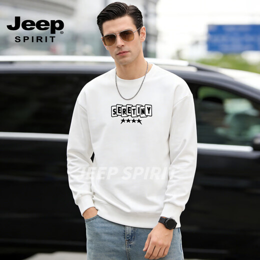 JEEP SPIRIT round neck sweatshirt men's 2026 spring new loose printed tops men's trendy velvet bottoming shirt jacket men black S