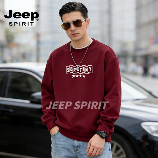 JEEP SPIRIT round neck sweatshirt men's 2026 spring new loose printed tops men's trendy velvet bottoming shirt jacket men black S