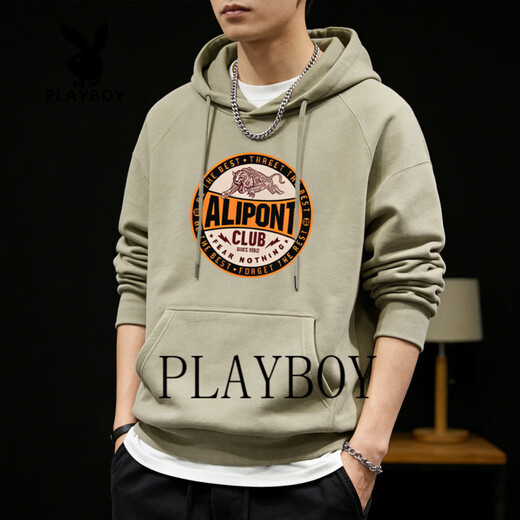 Playboy sweatshirt men's hooded loose trendy brand 2026 spring new men's casual versatile long-sleeved tops jacket men dark gray S 95-120Jin Jin equals 0.5 kg