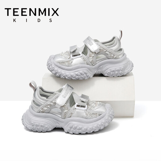 Tianmeiyi children's shoes 2026 summer new sports shoes girls sandals breathable soft bottom baby girl beach shoes silver 26