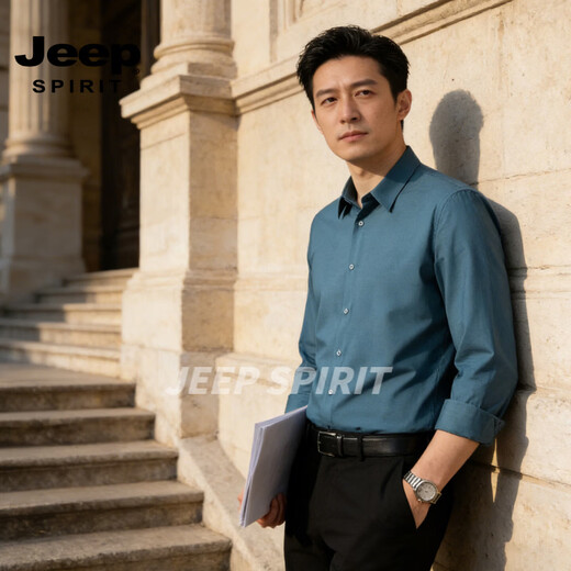 JEEP SPIRIT long-sleeved shirt men's business casual shirt men's non-iron anti-wrinkle professional formal top men green 38