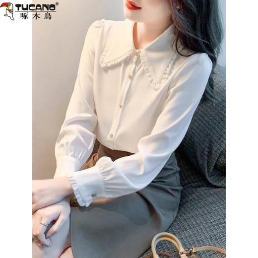 Шифоновая рубашка «Дятел» для женщин с кукольным воротником 2026, весна и осень, новая мода, теплая белая рубашка, темпераментный возрастной топ для женщин, белый (обычный стиль) S