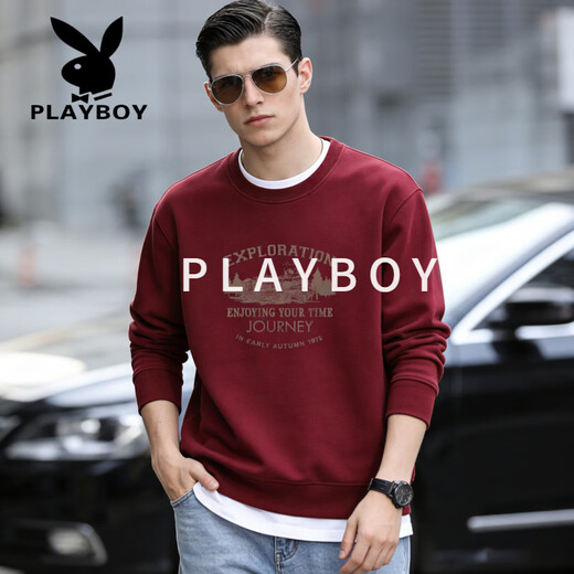 Playboy (PLAYBOY) round neck sweatshirt men's 2026 spring new loose large size bottoming shirt men's long-sleeved T-shirt men's white S recommended 95-120Jin Jin equals 0.5 kg