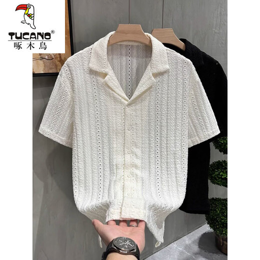 Woodpecker (TUCANO) hollow Cuban collar short-sleeved shirt for men summer loose casual retro half-sleeved shirt for men white L recommended 115-130 Jin Jin equals 0.5 kg