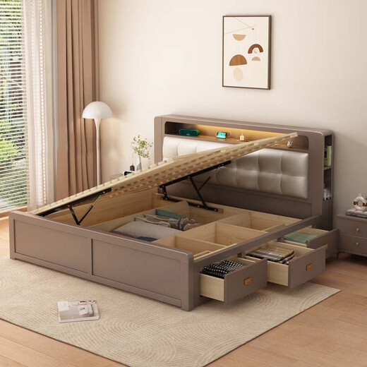 
Yu Feiqi Nordic Solid Wood Bed Double Bed Multi-function High Box Night Light Storage Charging Bed 9901# Bed + Environmentally friendly Brown Pad [0 Glue] 1.5*2.0m (high box with tail withdrawal)