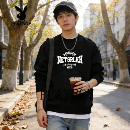 Playboy American heavyweight round neck sweatshirt for men 2026 spring loose casual versatile trendy top with velvet long sleeves dark gray S 95-120Jin Jin is equal to 0.5 kg