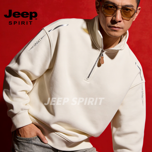 JEEP SPIRIT half-zip sweatshirt for men 2026 spring American retro trendy brand loose plus velvet warm stand-up collar pullover white M
