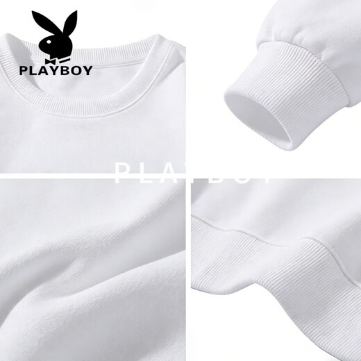 Playboy (PLAYBOY) round neck sweatshirt men's 2026 spring new loose large size bottoming shirt men's long-sleeved T-shirt men's white S recommended 95-120Jin Jin equals 0.5 kg