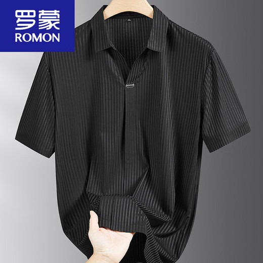 ROMON summer men's seamless ice silk short-sleeved shirt plus fat large size fat V-neck striped placket half-sleeved shirt T-shirt black XL (120-140) Jin Jin equals 0.5 kg