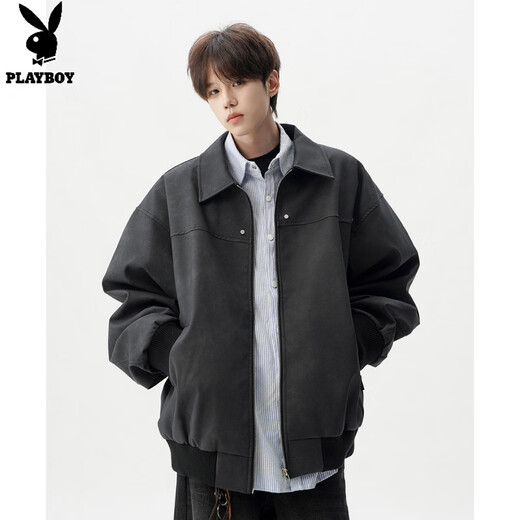 Playboy (PLAYBOY) American trendy brand pu leather jacket jacket for boys spring and autumn new high street handsome loose casual black jacket M