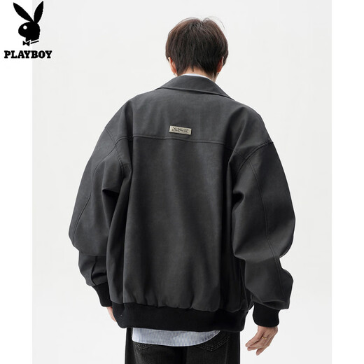 Playboy (PLAYBOY) American trendy brand pu leather jacket jacket for boys spring and autumn new high street handsome loose casual black jacket M