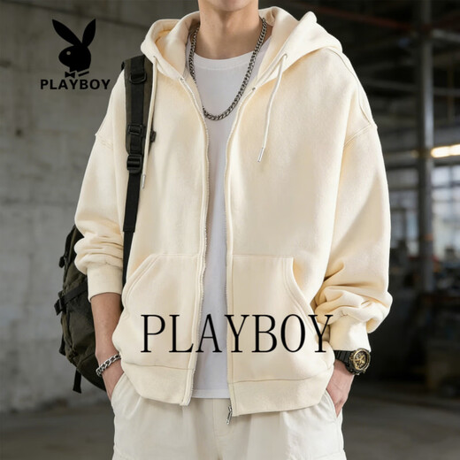 Playboy Cardigan Sweater Men's Hooded Zipper Jacket Men's 2026 Spring and Autumn Trendy Brand Casual Versatile Sports Tops Apricot S 85-105