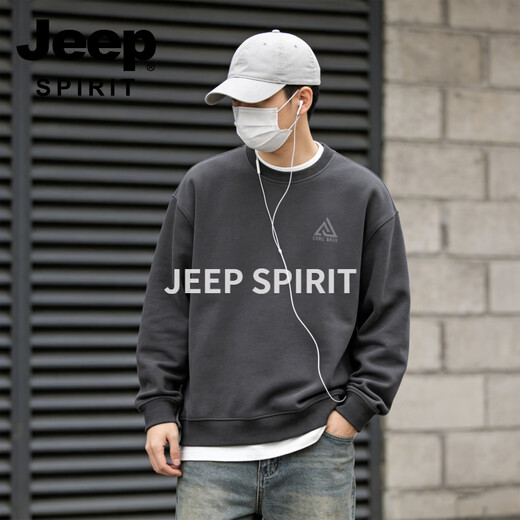 JEEP SPIRIT American retro velvet sweatshirt for men 2026 spring loose trendy round neck long-sleeved bottoming shirt white M 115-140 Jin Jin is equal to 0.5 kg
