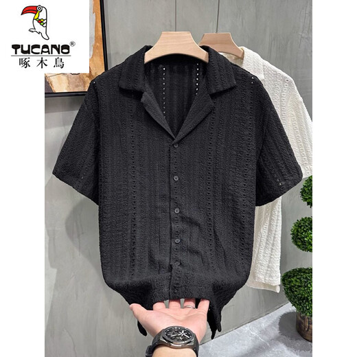 Woodpecker (TUCANO) hollow Cuban collar short-sleeved shirt for men summer loose casual retro half-sleeved shirt for men white L recommended 115-130 Jin Jin equals 0.5 kg
