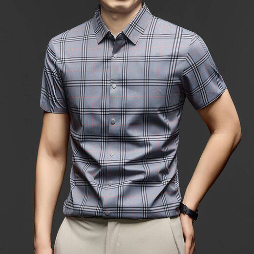 JOEONE business style sub-shirt men's short-sleeved lapel anti-wrinkle no-iron men's shirt slate gray M