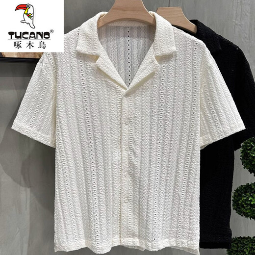 Woodpecker (TUCANO) hollow Cuban collar short-sleeved shirt for men summer loose casual retro half-sleeved shirt for men white L recommended 115-130 Jin Jin equals 0.5 kg