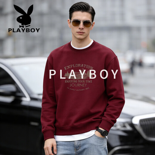 Playboy (PLAYBOY) round neck sweatshirt men's 2026 spring new loose large size bottoming shirt men's long-sleeved T-shirt men's white S recommended 95-120Jin Jin equals 0.5 kg
