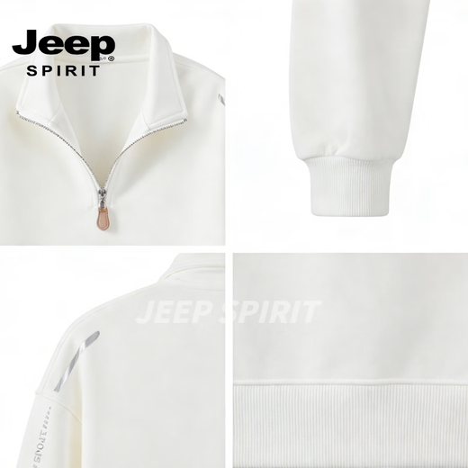 JEEP SPIRIT half-zip sweatshirt for men 2026 spring American retro trendy brand loose plus velvet warm stand-up collar pullover white M