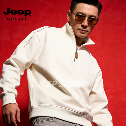JEEP SPIRIT half-zip sweatshirt for men 2026 spring American retro trendy brand loose plus velvet warm stand-up collar pullover white M