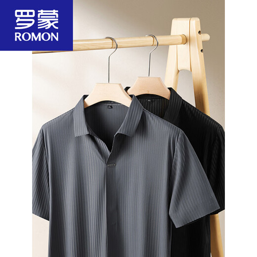ROMON summer men's seamless ice silk short-sleeved shirt plus fat large size fat V-neck striped placket half-sleeved shirt T-shirt black XL (120-140) Jin Jin equals 0.5 kg