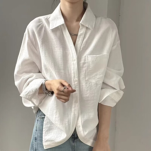 Jingdong direct purchase 26 spring and summer linen V-neck white shirt women's French top casual long-sleeved inner shirt white 2XL