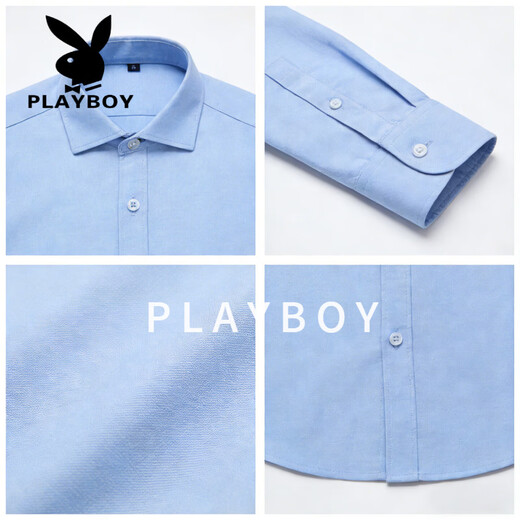 Playboy (PLAYBOY) camisa de manga larga para hombre, color sólido, sin planchar, informal, de negocios, sin planchar, ropa de trabajo, ropa de trabajo para hombre, azul M 90-115