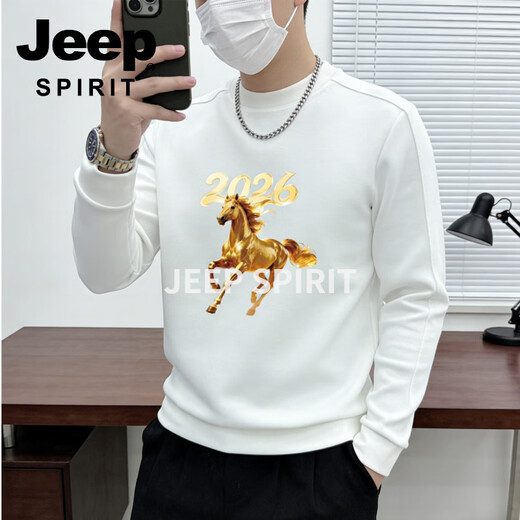 JEEP SPIRIT Jeep round neck sweatshirt men's 2026 new velvet thickened bottoming shirt long-sleeved T-shirt men's animal year red white M 110-125Jin Jin is equal to 0.5 kg