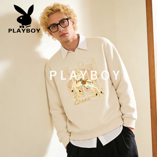 Playboy (PLAYBOY) Chinese style Shan Hai Jing sweatshirt men's 2026 spring new loose casual top trendy couple jacket apricot 3XL 160-180