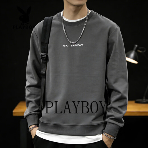 Playboy Round Neck Sweatshirt Men's 2026 Spring and Autumn Loose Casual Bottoming Shirt Men's Long Sleeve T-Shirt Tops Men's Gray S 95-120Jin Jin is equal to 0.5 kg